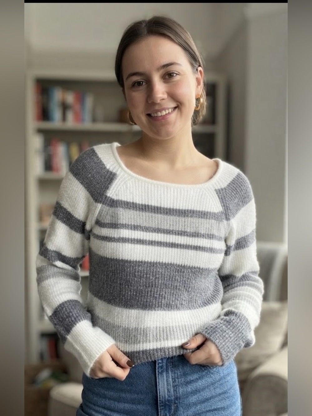 Cozy Women's White and Gray Striped Sweater